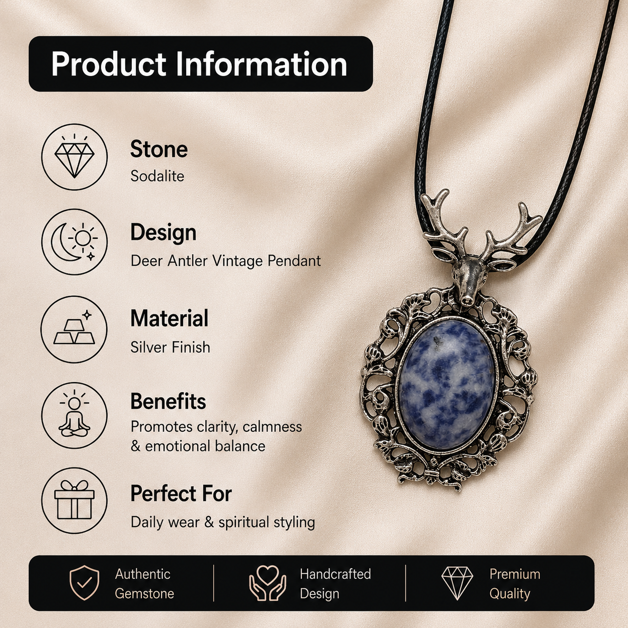 Nordelune Sodalite Crystal Pendant – Vintage Deer Spirit Necklace, Wisdom & Calm Symbol 25 gm