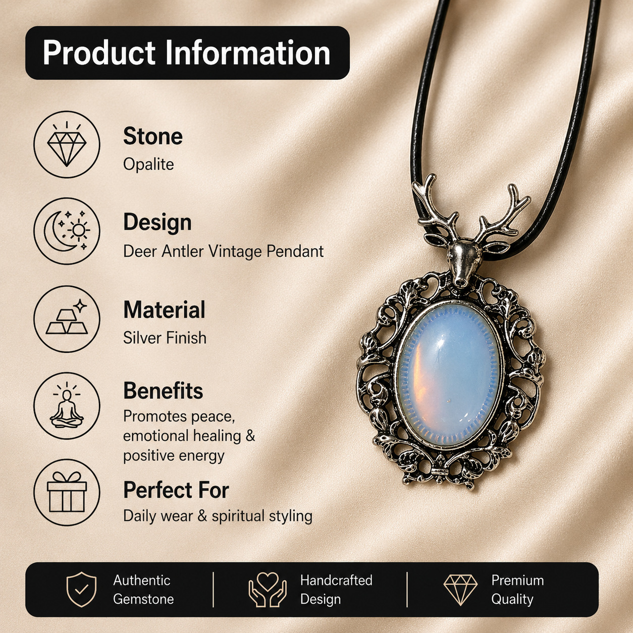 Lunavelle Opalite Crystal Pendant – Vintage Deer Spirit Necklace, Serenity & Intuition Symbol 20 gm