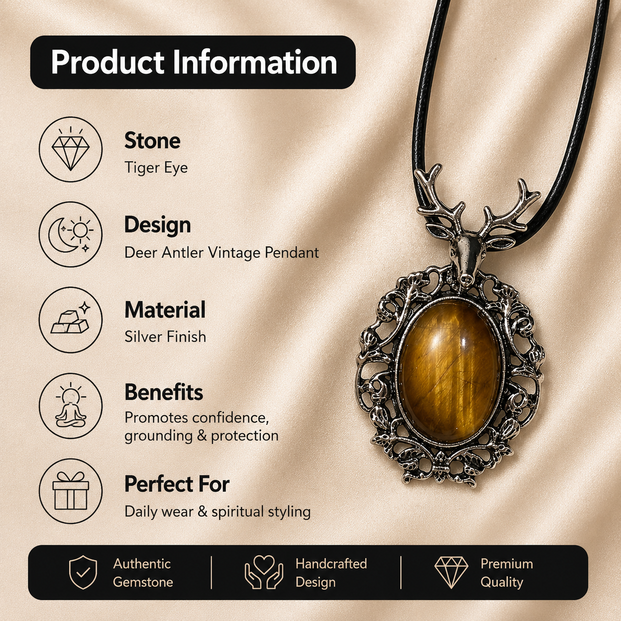 Solvaris Tiger Eye Crystal Pendant – Vintage Deer Spirit Necklace, Confidence & Protection Symbol 20 gm