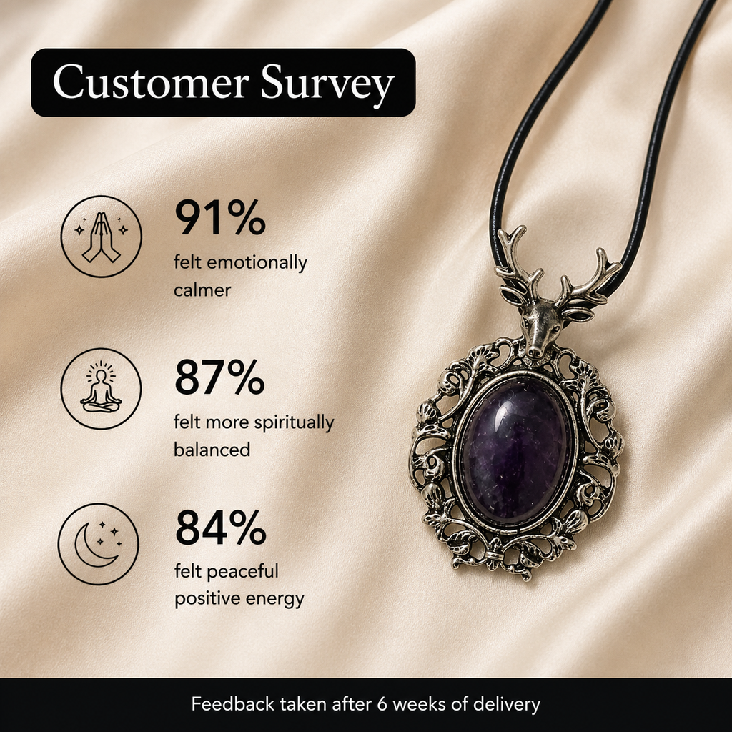 Velmora Amethyst Crystal Pendant – Vintage Deer Spirit Necklace, Calm & Protection Symbol 20 gm