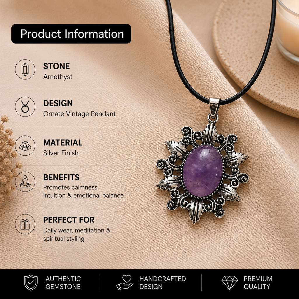 Amethyra Amethyst Crystal Pendant – Vintage Serenity Necklace, Calm & Protection Symbol 20 gm