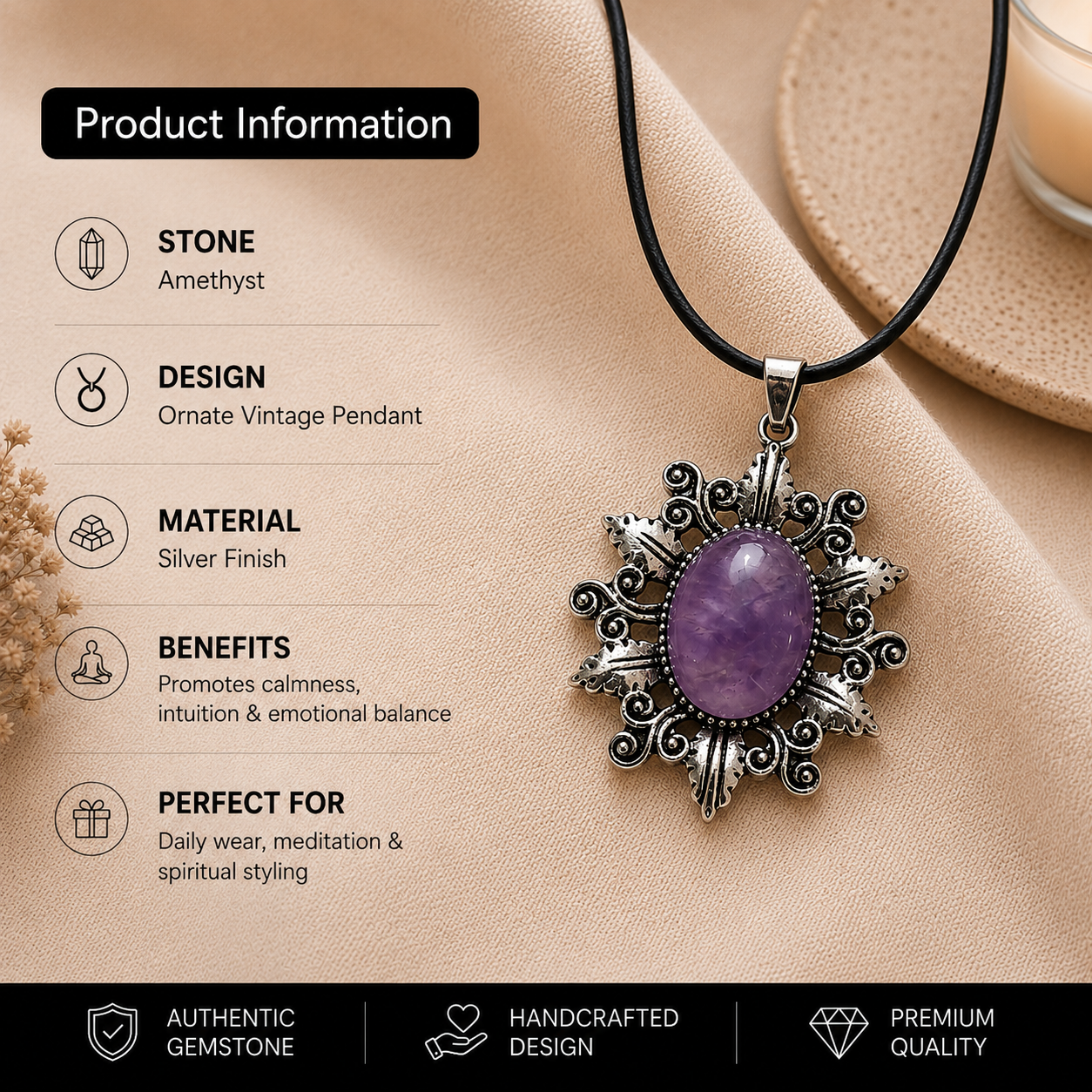 Amethyra Amethyst Crystal Pendant – Vintage Serenity Necklace, Calm & Protection Symbol 20 gm