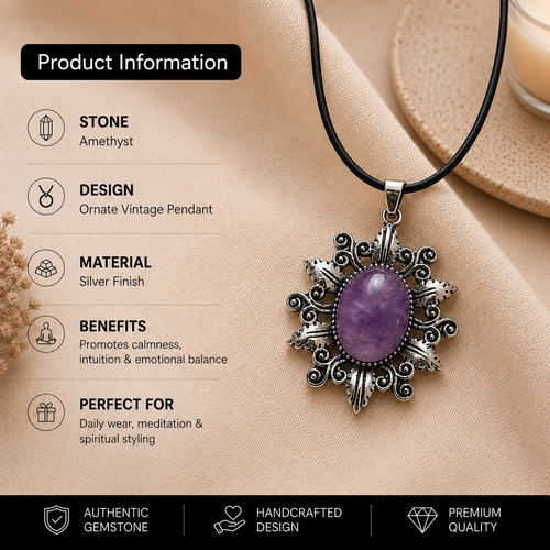 Amethyra Amethyst Crystal Pendant – Vintage Serenity Necklace, Calm & Protection Symbol 20 gm