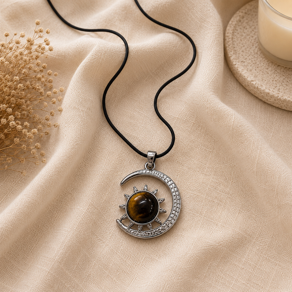 Solvanta Tiger Eye Moon Pendant – Celestial Protection Necklace, Confidence & Focus Symbol 20 gm