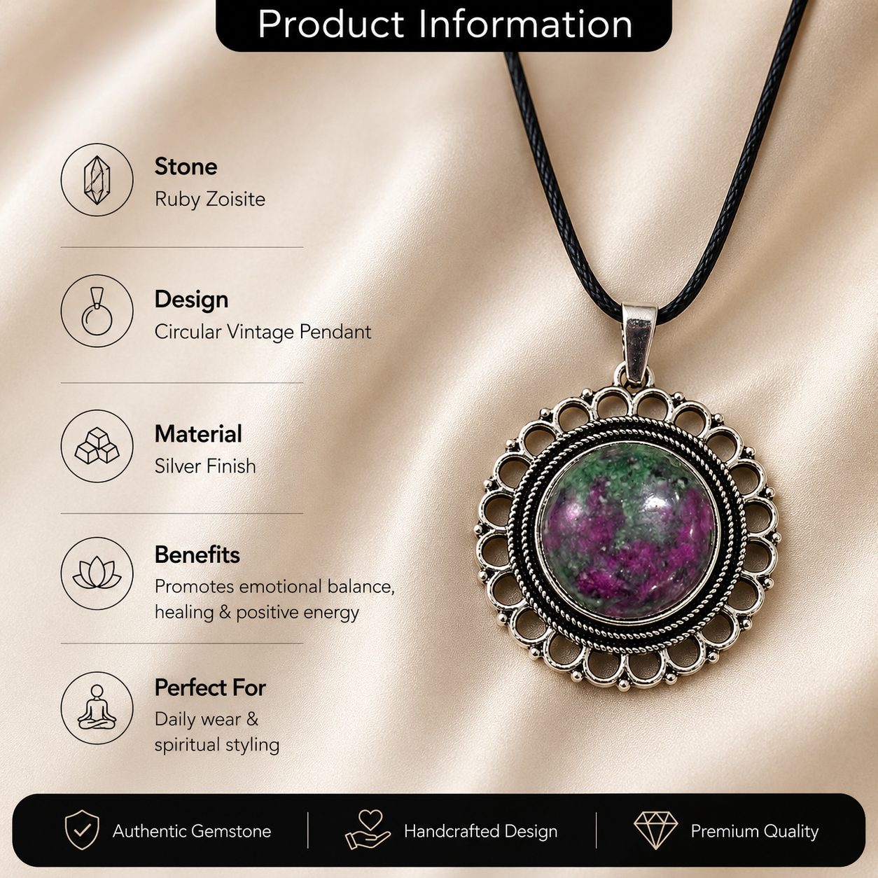 Rubelith Zoisite Crystal Pendant – Vintage Harmony Necklace, Growth & Passion Symbol 20 gm