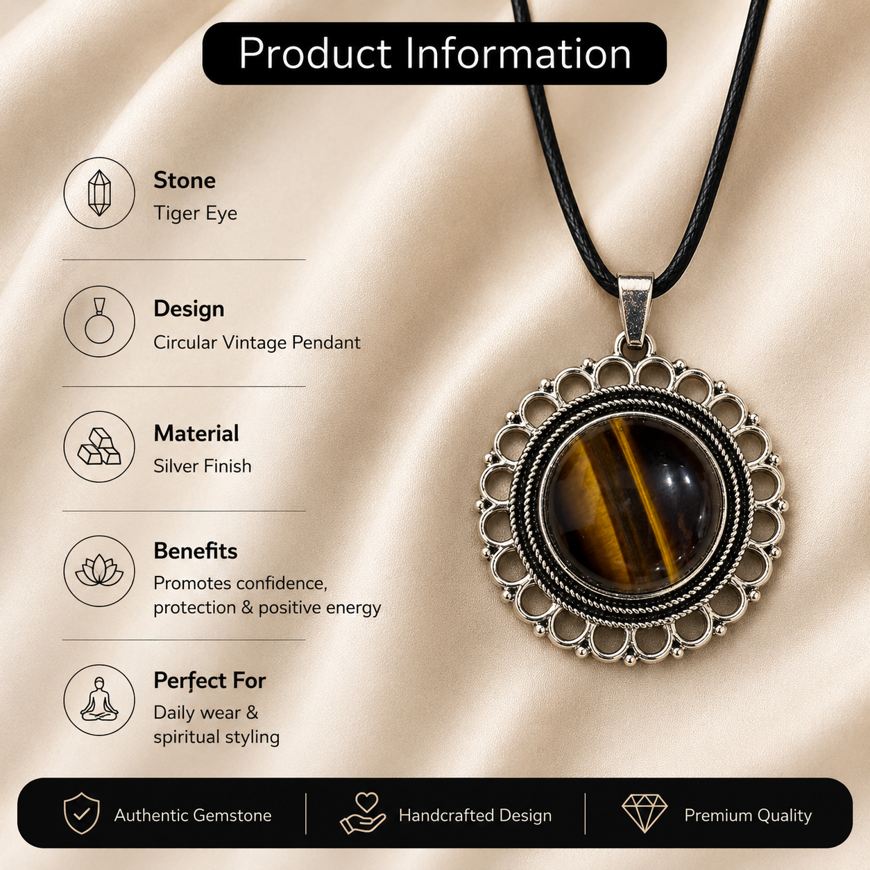 Tigrona Tiger Eye Crystal Pendant – Vintage Protection Necklace, Strength & Confidence Symbol 20 gm