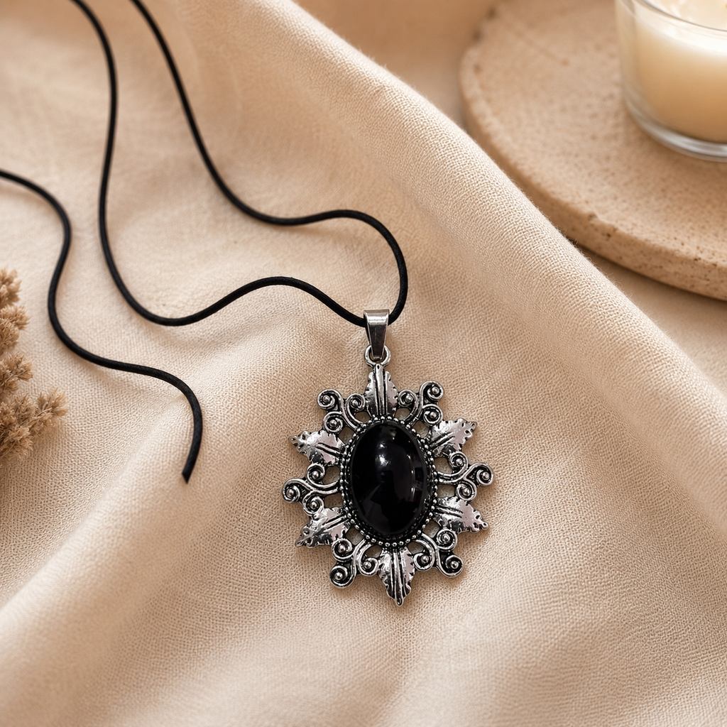 Jet Black Crystal Pendant – Vintage Protection Necklace, Strength & Grounding Symbol