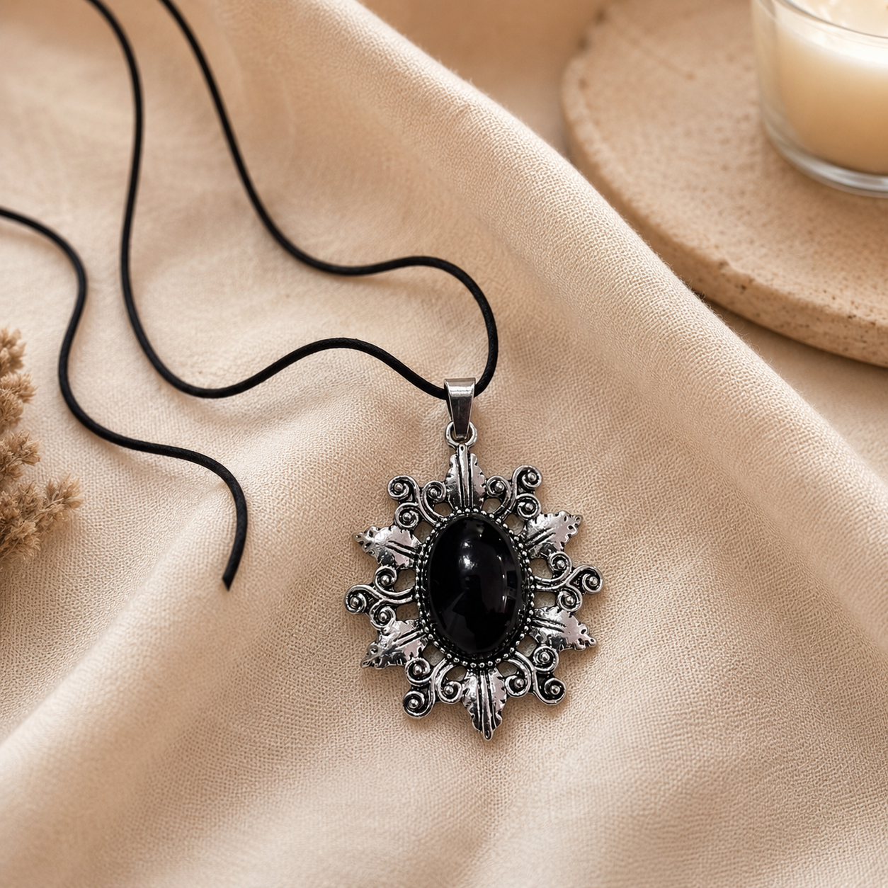 Jet Black Crystal Pendant – Vintage Protection Necklace, Strength & Grounding Symbol