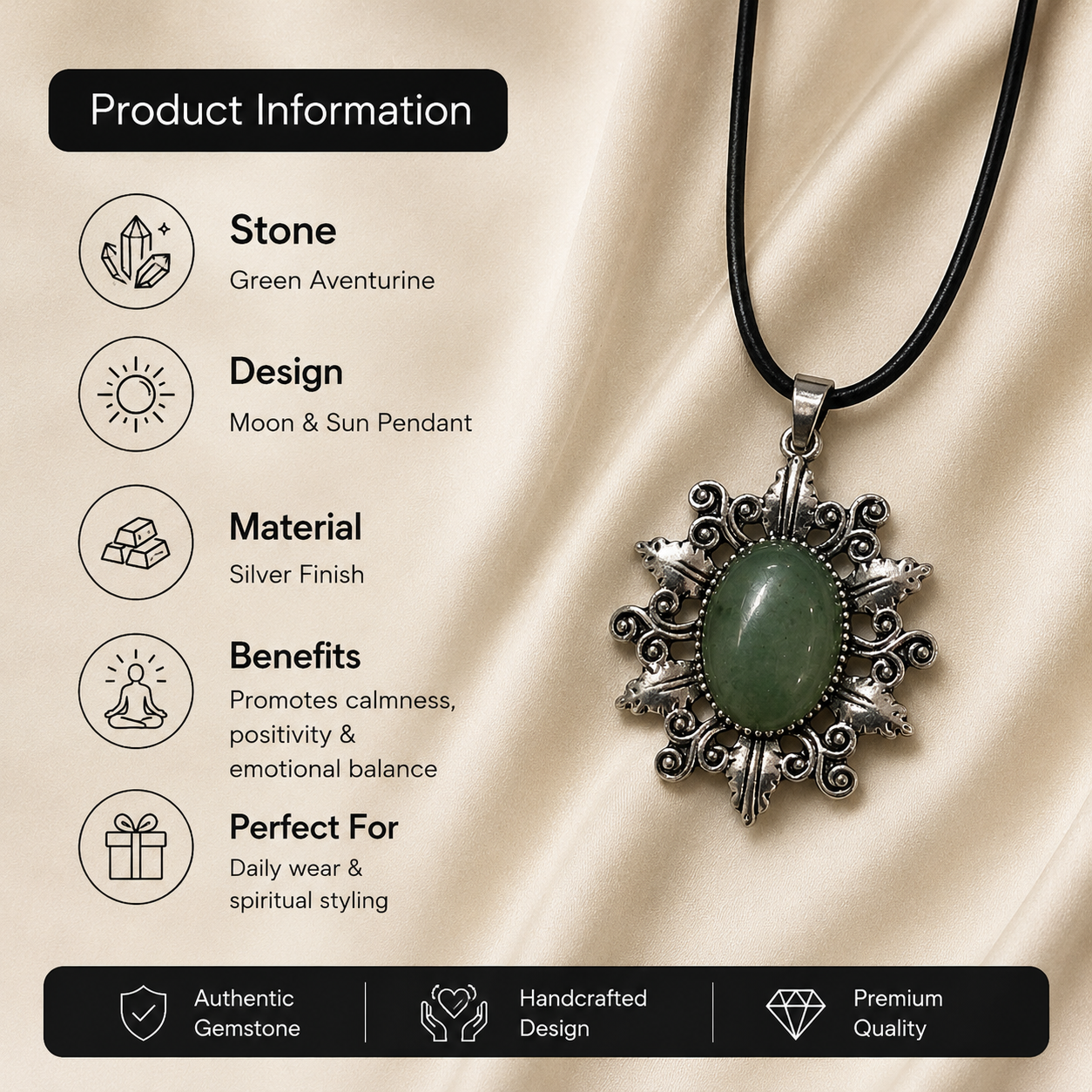 Verdelune Green Aventurine Crystal Pendant – Vintage Harmony Necklace, Prosperity & Calm Symbol