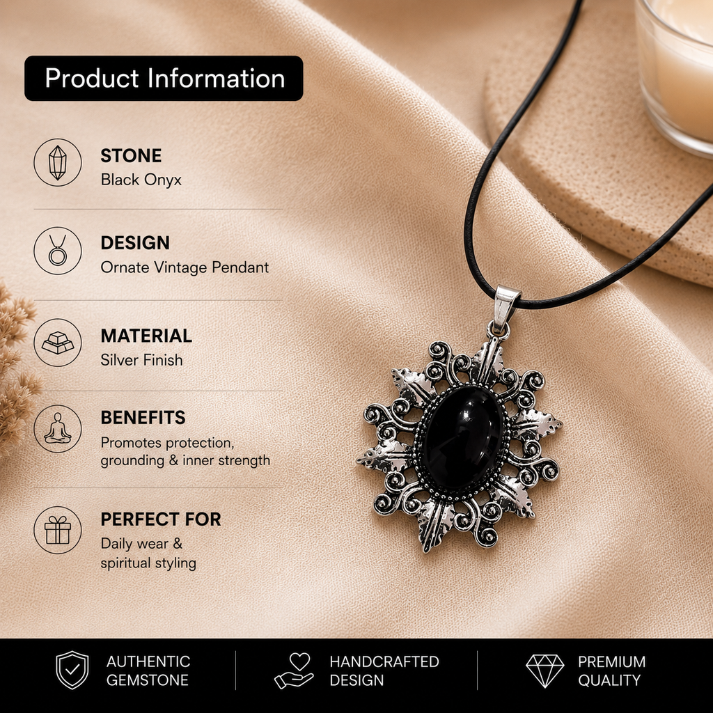 Jet Black Crystal Pendant – Vintage Protection Necklace, Strength & Grounding Symbol